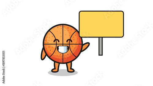 Joyful basketball mascot character holding up a blank yellow sign board for custom sports announcements and game messages.