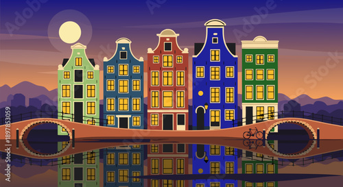 Vector illustration of picturesque Amsterdam canal houses with reflections in the water, showcasing a vibrant European cityscape at dusk