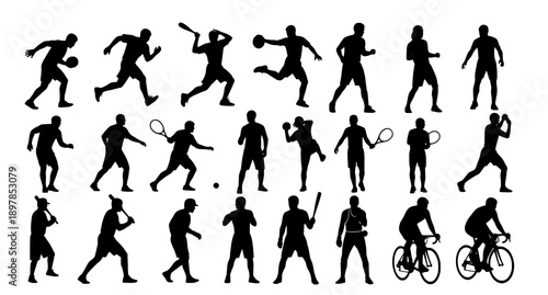 Minimal sports activity silhouettes of people in different athletic poses vector icon set isolated on white background