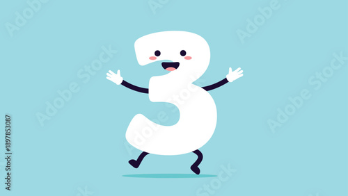 Happy number three mascot character with a smiling face and open arms on a light blue background for children education.