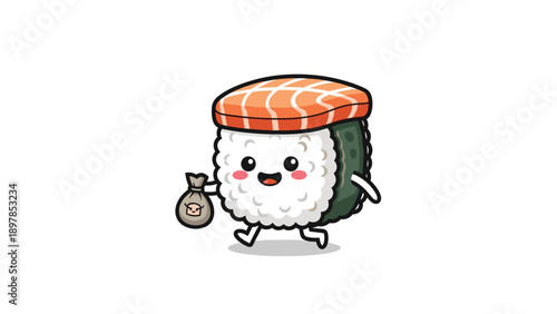 Cute sushi roll mascot character walking while carrying a small brown paper bag with a happy face on it for food delivery.