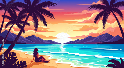 Tropical beach sunset illustration with palm trees and a person relaxing by the ocean, vibrant vector art