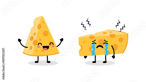 Comparison between a happy whole cheese wedge character and a sad crying cheese wedge with cracks and tremors.