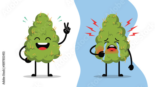 Two green cannabis bud characters where one is happy making a peace sign and the other is sad and crying with tremors.