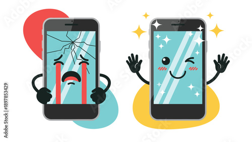 Comparison between a sad smartphone character with a cracked screen and a happy shiny phone character winking.