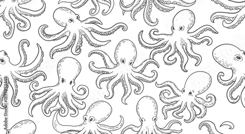 Illustration of Octopuses in Ocean Environment - Nautical Art Design