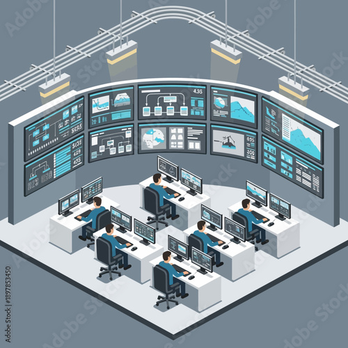 Control room with multiple monitors and personnel working.