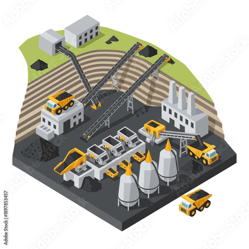 Industrial cement production facility with machinery and vehicles.