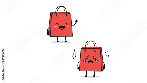 Two red shopping bag characters showing a happy waving greeting and a sad trembling expression with tears.