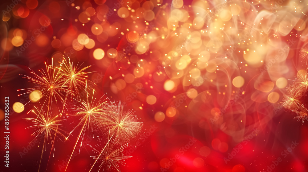 Fototapeta premium Festive red and gold abstract background featuring glowing bokeh lights, golden fireworks, and soft light trails