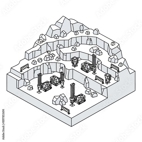 Isometric illustration of an industrial mining site with machinery and infrastructure.