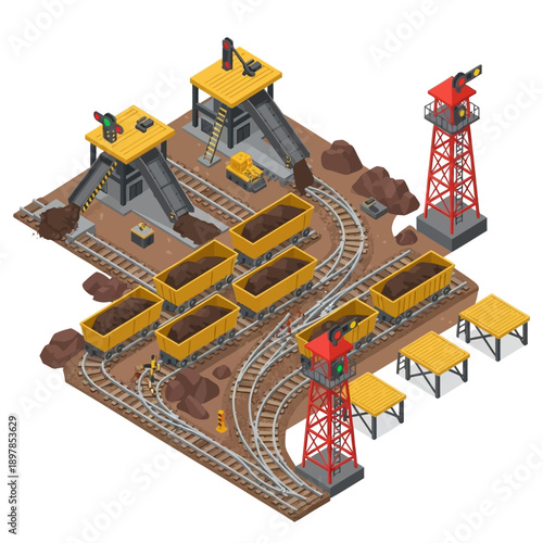 Isometric illustration of a mining operation with machinery and ore carts.