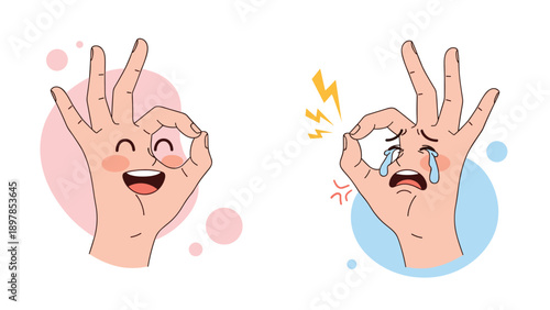 Happy hand character making an okay gesture with a smiling face next to a crying hand showing the same sign with pain symbols.