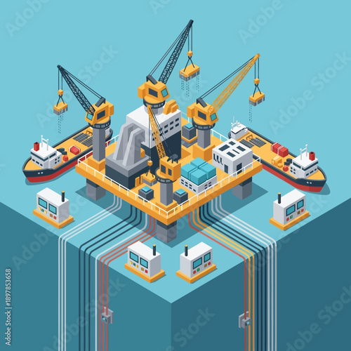 Offshore oil rig platform with cranes and supply ships in 3D illustration.