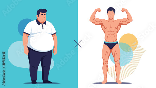 Contrast between an overweight man in a polo shirt and a muscular bodybuilder in swimwear, fitness transformation concept.