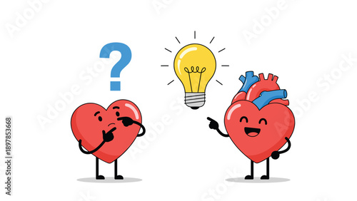 Confused red heart character with a blue question mark next to a happy heart with anatomical details holding an idea light bulb.