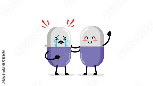 Happy purple and white pill character comforts its crying and sick friend to illustrate medical care and treatment support.