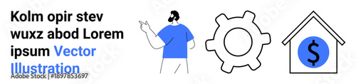 Business management, investment planning, financial solutions, operations, wealth building, economic strategy. Person pointing with gear, home and currency icon. Business management and investment
