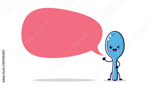 Friendly blue spoon character with a happy winking face pointing towards a large empty pink speech bubble for custom text or quotes.