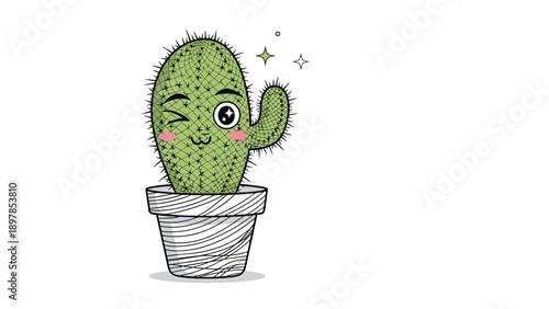Cute cactus character in a textured pot winking and smiling with sparkling stars to represent a friendly and trendy plant mascot.