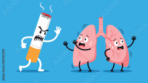 Angry lit cigarette character chasing a pair of frightened and shivering human lungs to illustrate the dangers of smoking on health.