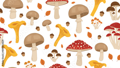Detailed seamless pattern of various forest mushrooms including porcini, chanterelles, and fly agaric with autumn leaves and acorns.