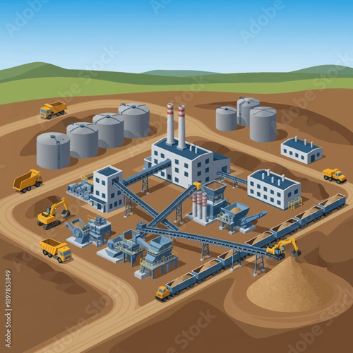 Industrial facility with construction equipment and storage tanks.