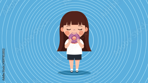 Young girl enjoying a purple glazed donut against a blue background with hypnotic concentric circles to show the appeal of sweets.