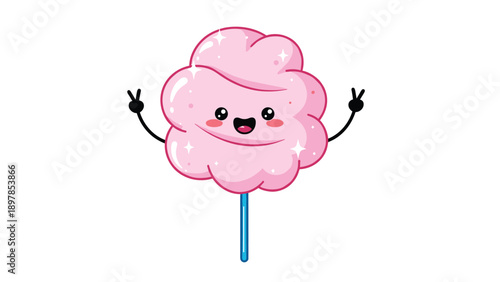 Cheerful pink cotton candy character on a blue stick making peace signs with its hands to represent fun and sweet carnival snacks.