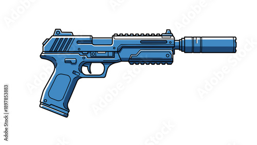 Modern blue tactical pistol equipped with a silencer or suppressor shown in a detailed profile view as a weapon illustration.