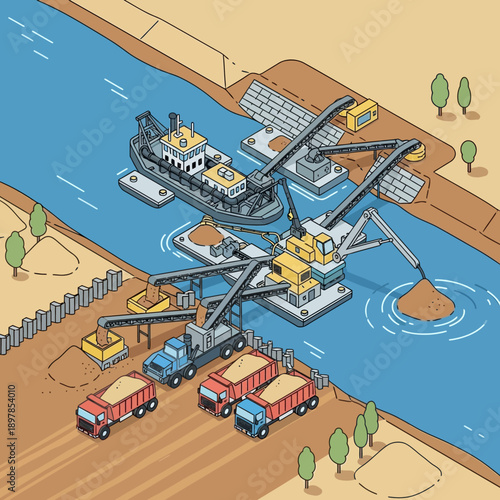 Dredging operation on a river with excavators and trucks.