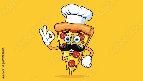 Cheerful pizza slice character dressed as a chef with a white hat and mustache making an okay hand gesture to show quality food.