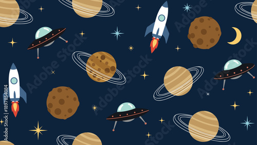 Fun seamless space pattern featuring colorful rockets, planets with rings, moons, stars, and alien UFO spaceships on a dark night sky.