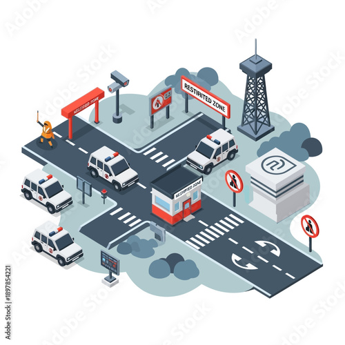 Isometric illustration of a toll road with vehicles and infrastructure.