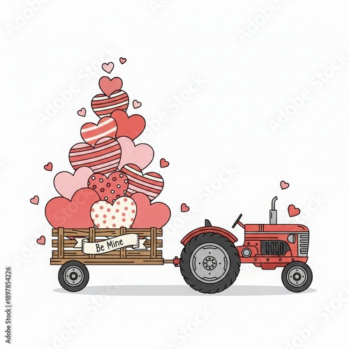 Valentine's Day gift tower on red tractor with love hearts and romantic message for couple celebration