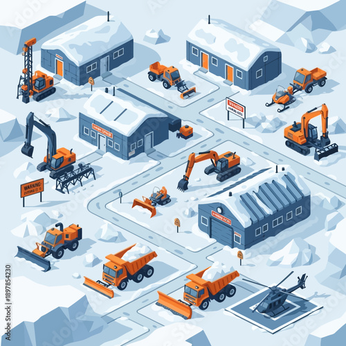 Isometric illustration of construction site with machinery and buildings in snowy landscape.
