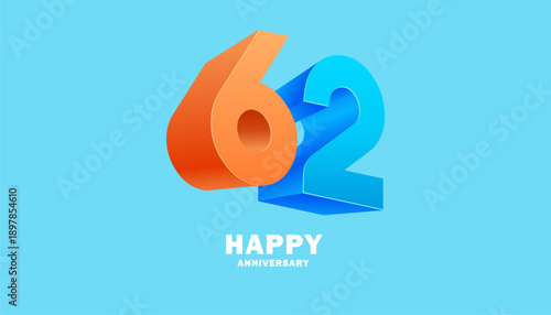 3D Modern colorful number anniversary 62th, 62th Happy Anniversary with fun color, celebrating banner design.