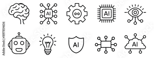 Artificial intelligence icon set. AI brain, neural network nodes, machine learning model, algorithm gear, data processing chip, smart robot head, automation workflow symbol. vector illustration.