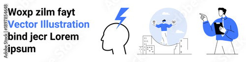 Innovation, human potential, guidance, business strategy, creativity, progress. Human head silhouette with lightning, figure balancing over buildings person gesturing. Innovation and human potential