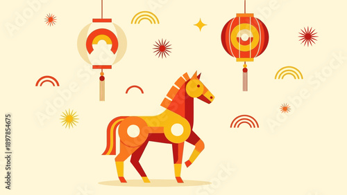 Stylized Horse Silhouette with Traditional Asian Lanterns Celebration Background