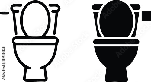 Monochrome Bathroom Fixture Graphics in Two Styles, Stylized Toilet Illustrations for Signage and Web Design, Minimalist Plumbing and Sanitation Vector Set, vector, illustration, silhouette.