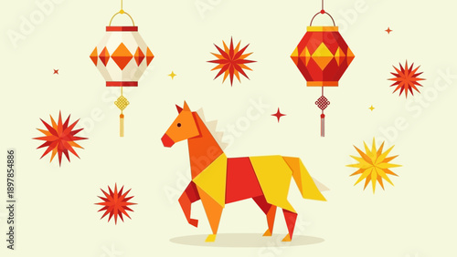 Chinese Zodiac Horse Animal Origami Style Festive Decoration Background