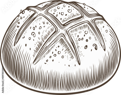 Hand drawn bread engraving illustration, vintage bakery etching style, detailed crust line art