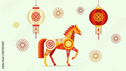 Stylized Horse Silhouette with Traditional East Asian Lanterns and Ornate Patterns