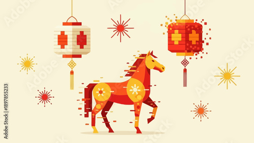 Year of the Horse Celebration with Traditional Chinese Lanterns and Festive Ornaments