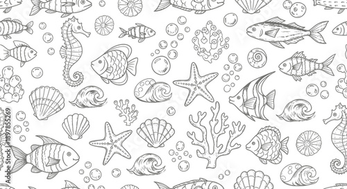Fish and Sea Life Patterns, Marine Exploration, Illustration, Coral Reef