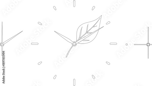 Outline vector illustration of a minimalist wall clock design featuring a central leaf shape replacing the number twelve element for nature themes