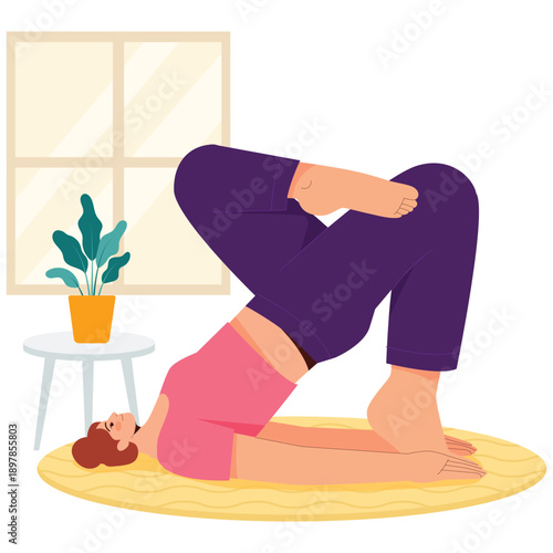 Meditation and Mindfulness Illustration. Vector illustration of Woman practicing bridge yoga pose indoors for flexibility, strength, and mindful body awareness. Isolated on background