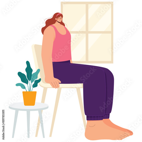 Meditation and Mindfulness Illustration. Vector illustration of Woman practicing gentle chair yoga indoors for relaxation, posture support, and mindfulness. Isolated on background