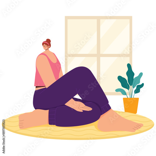 Meditation and Mindfulness Illustration. Vector illustration of Woman performing seated twist yoga exercise indoors for flexibility, calmness, and mindful breathing. Isolated on background